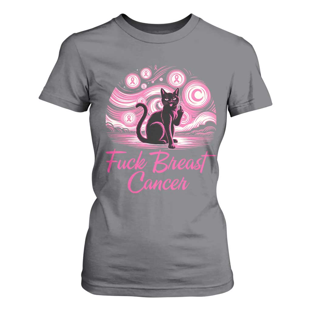 Funny Black Cat Fuck Breast Cancer Pink Ribbon Starry Night T Shirt For Women