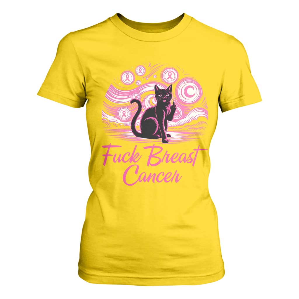 Funny Black Cat Fuck Breast Cancer Pink Ribbon Starry Night T Shirt For Women