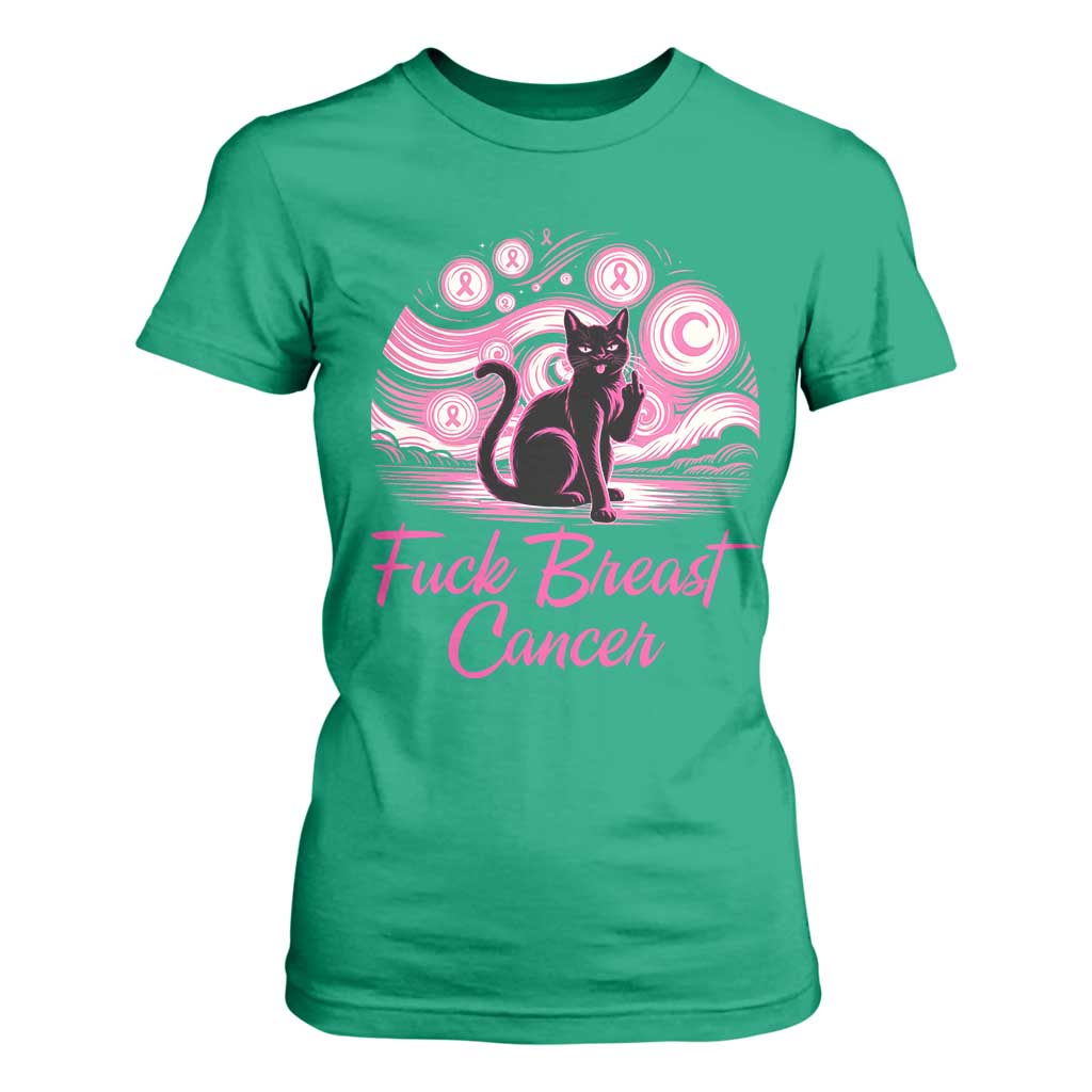 Funny Black Cat Fuck Breast Cancer Pink Ribbon Starry Night T Shirt For Women