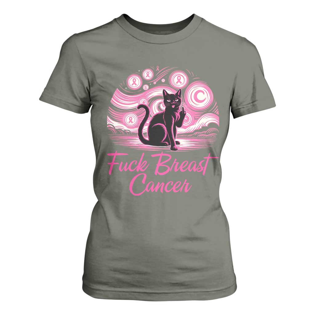 Funny Black Cat Fuck Breast Cancer Pink Ribbon Starry Night T Shirt For Women