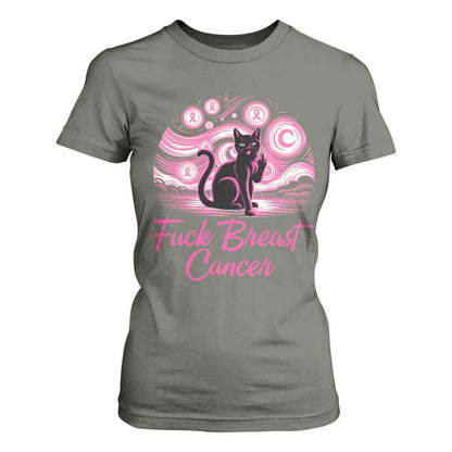 Funny Black Cat Fuck Breast Cancer Pink Ribbon Starry Night T Shirt For Women