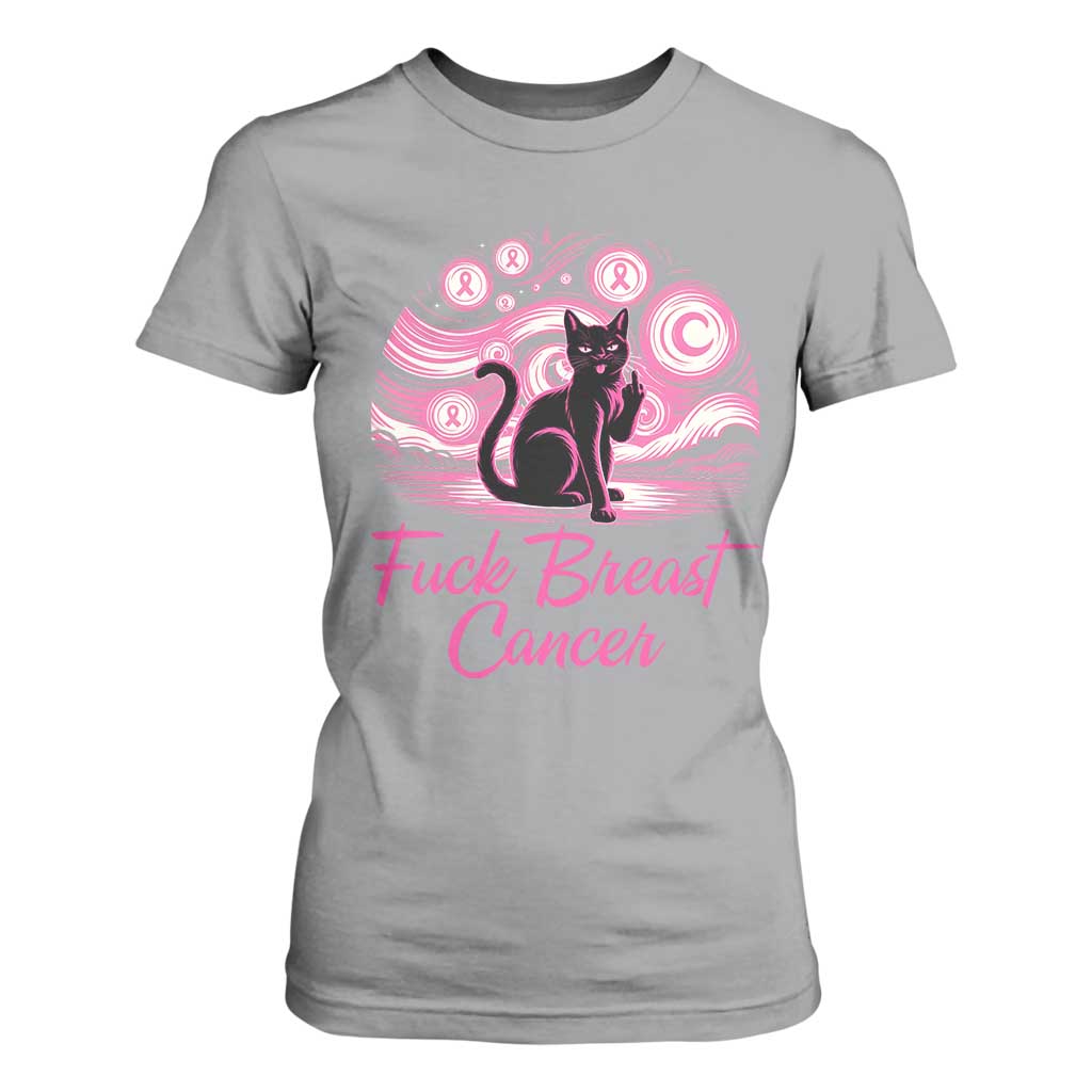 Funny Black Cat Fuck Breast Cancer Pink Ribbon Starry Night T Shirt For Women