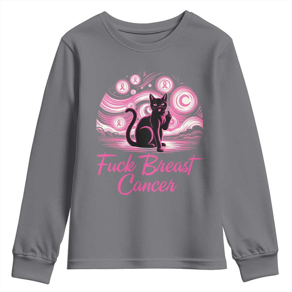 Funny Black Cat Fuck Breast Cancer Pink Ribbon Starry Night Youth Sweatshirt