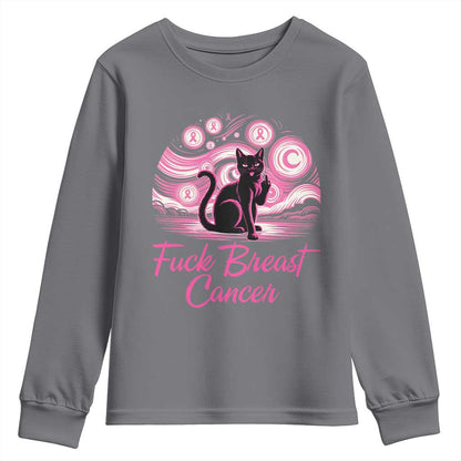 Funny Black Cat Fuck Breast Cancer Pink Ribbon Starry Night Youth Sweatshirt