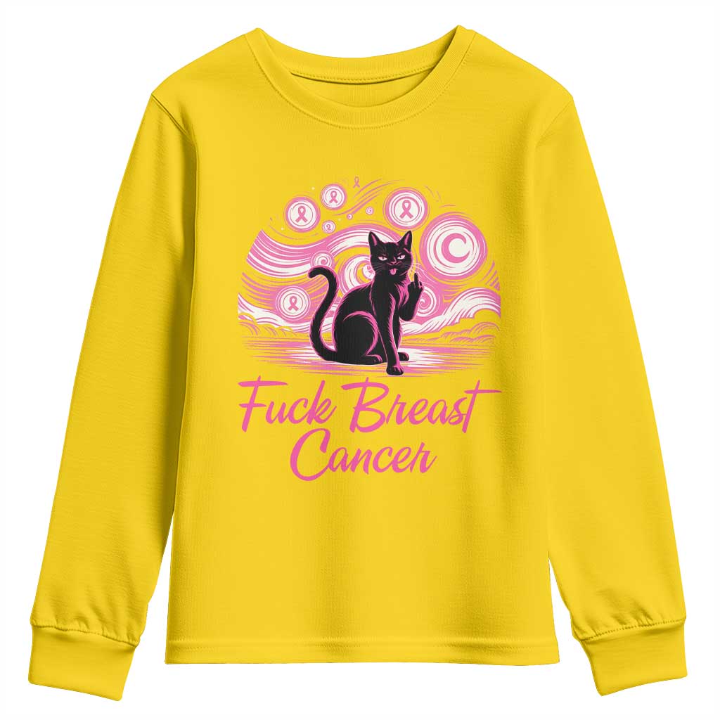 Funny Black Cat Fuck Breast Cancer Pink Ribbon Starry Night Youth Sweatshirt