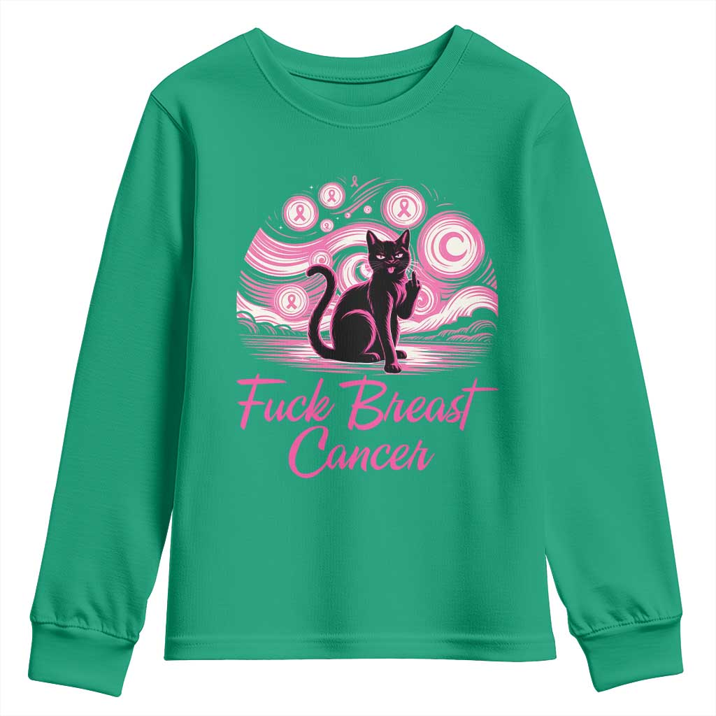 Funny Black Cat Fuck Breast Cancer Pink Ribbon Starry Night Youth Sweatshirt