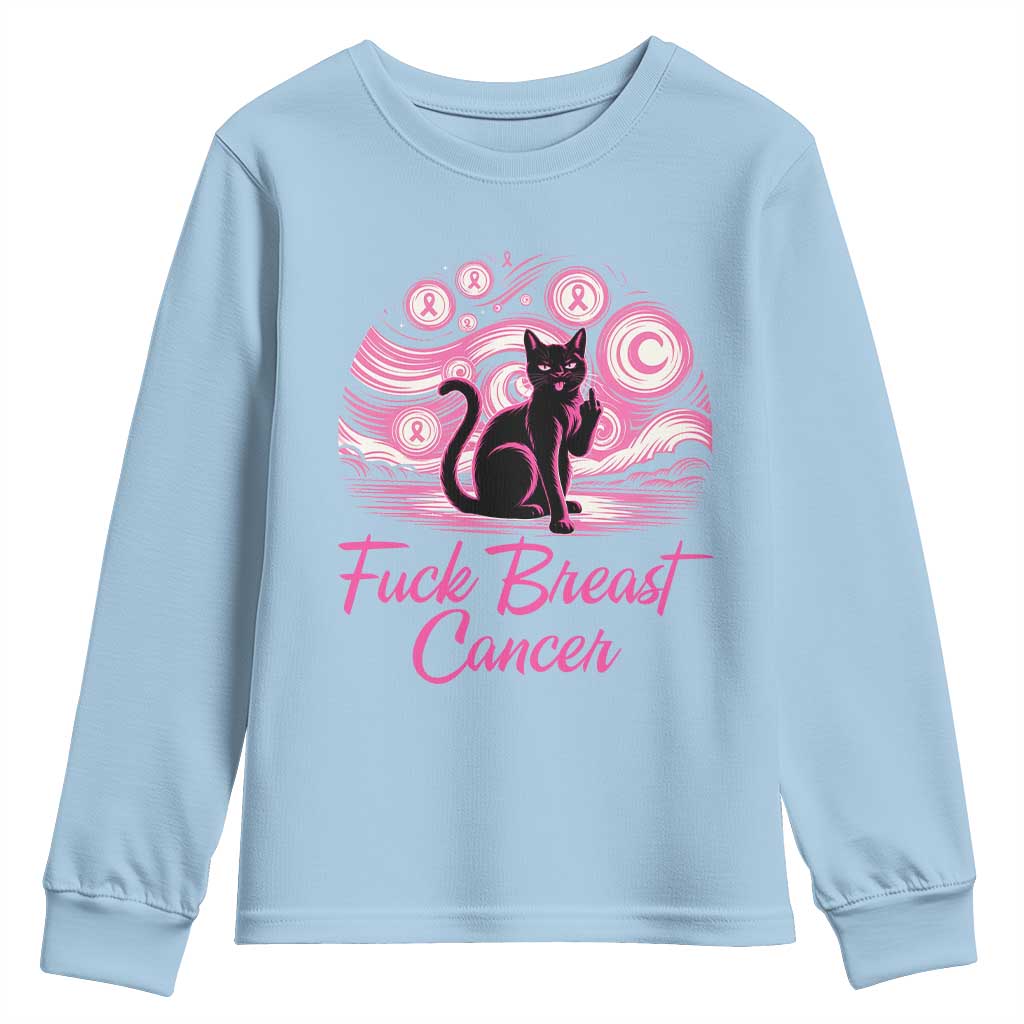 Funny Black Cat Fuck Breast Cancer Pink Ribbon Starry Night Youth Sweatshirt