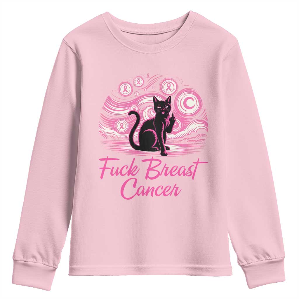 Funny Black Cat Fuck Breast Cancer Pink Ribbon Starry Night Youth Sweatshirt