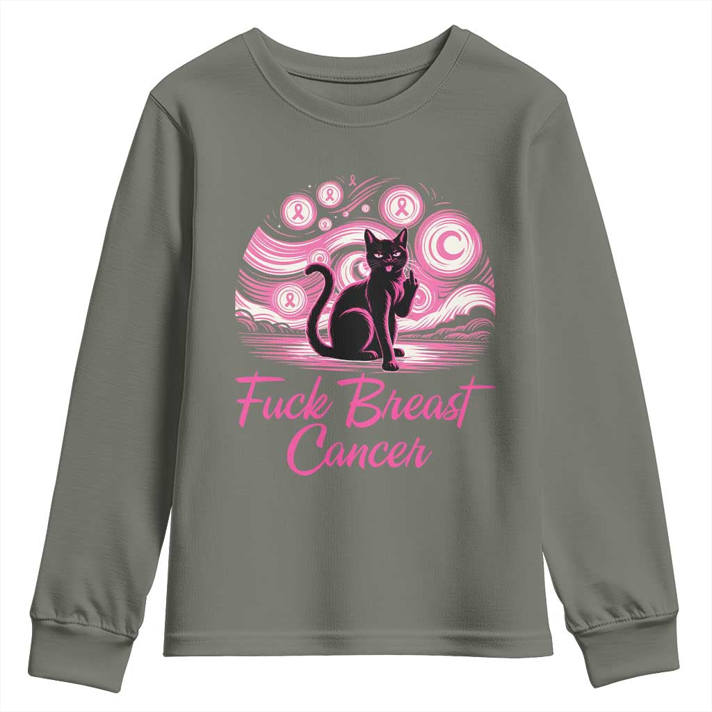Funny Black Cat Fuck Breast Cancer Pink Ribbon Starry Night Youth Sweatshirt