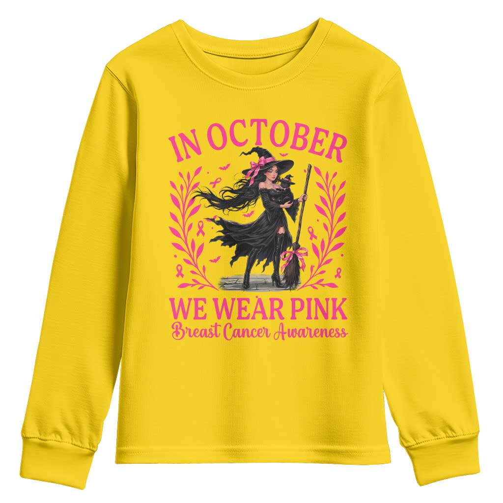 Breast Cancer Halloween Witch Youth Sweatshirt In October We Wear Pink