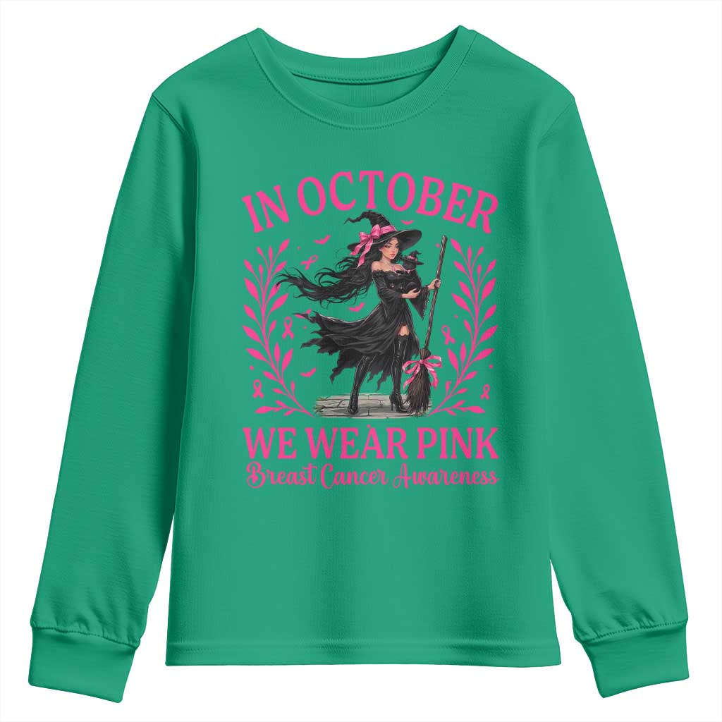 Breast Cancer Halloween Witch Youth Sweatshirt In October We Wear Pink