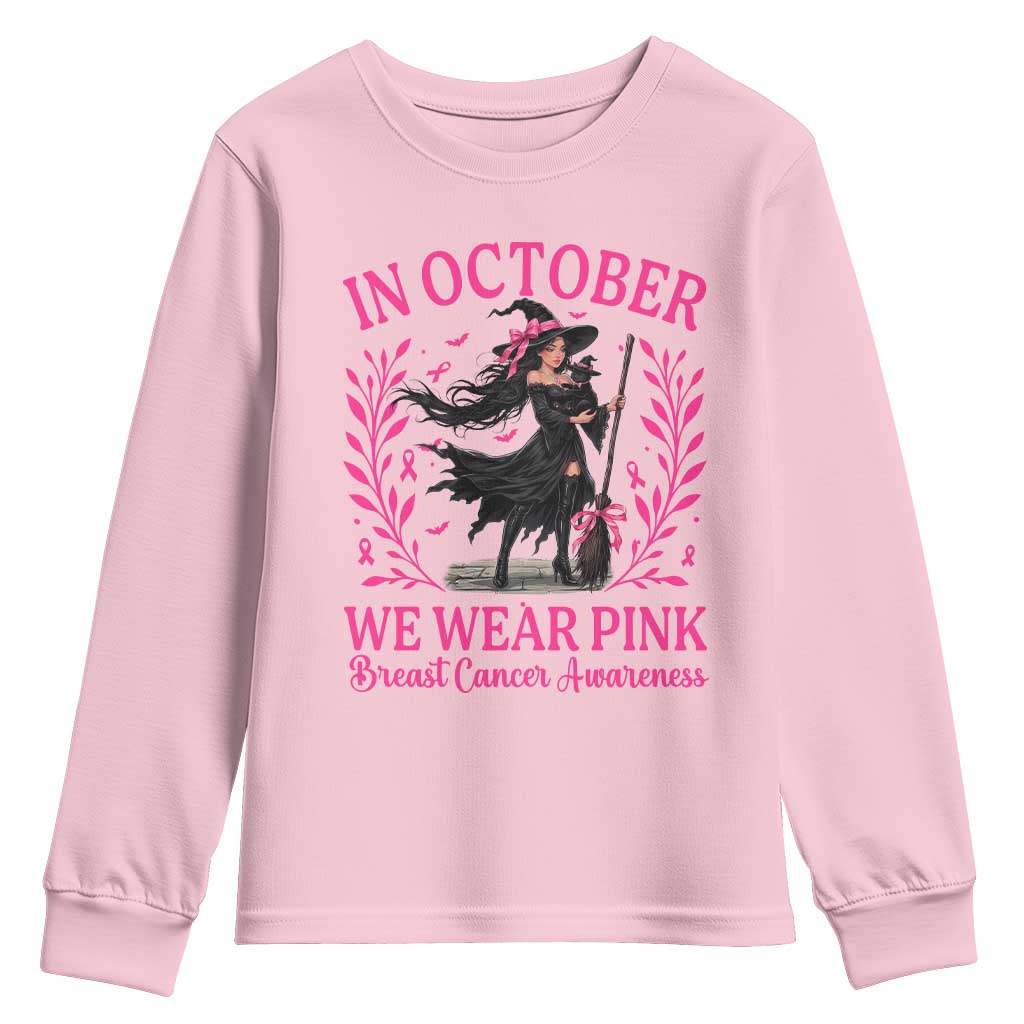 Breast Cancer Halloween Witch Youth Sweatshirt In October We Wear Pink