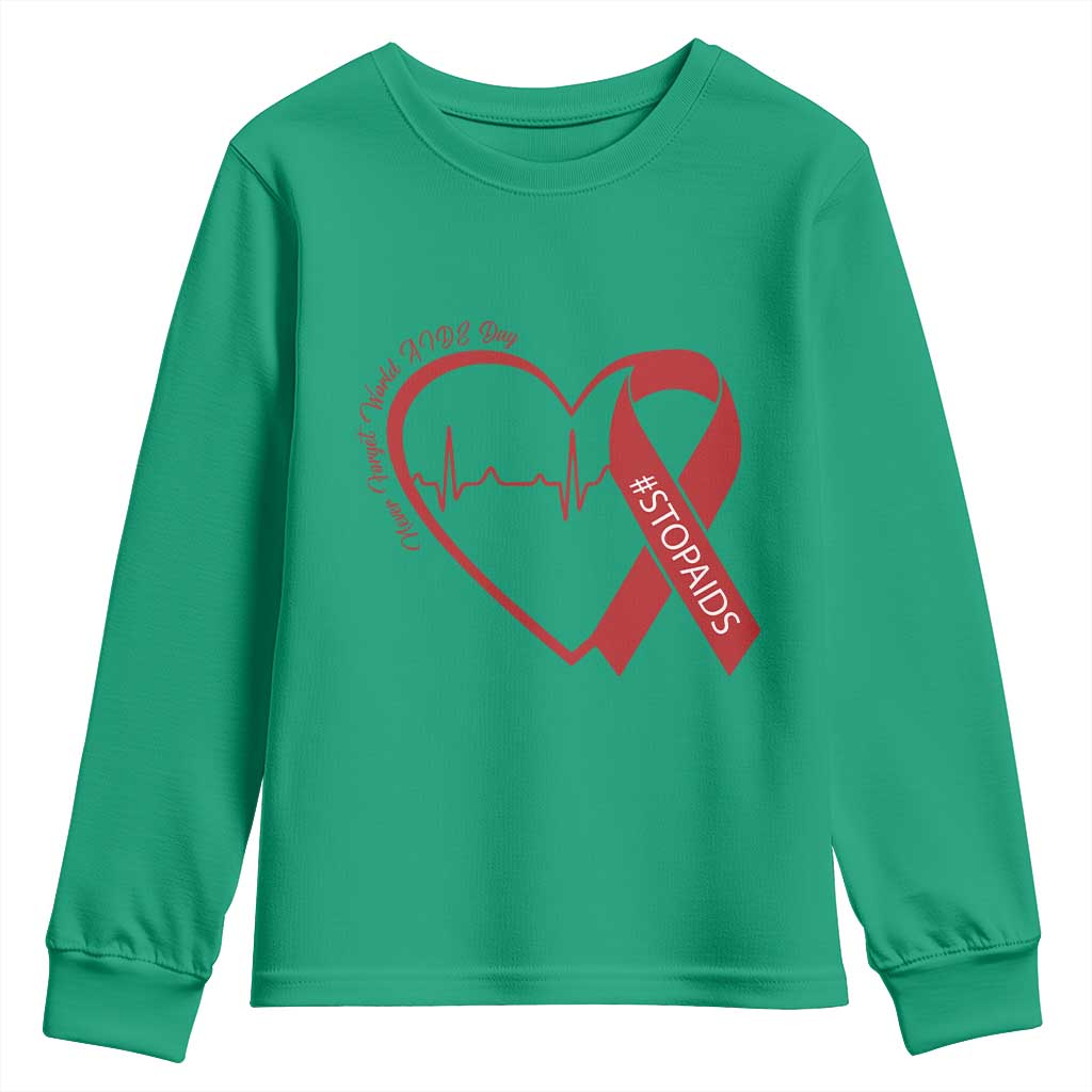 Never Forget World AIDS Day Youth Sweatshirt Red Ribbon HIV Support Gift