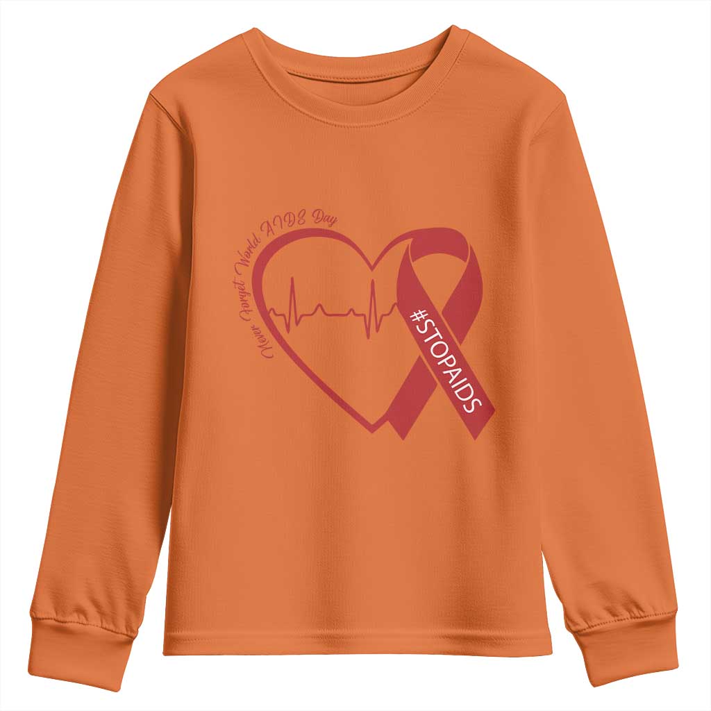 Never Forget World AIDS Day Youth Sweatshirt Red Ribbon HIV Support Gift