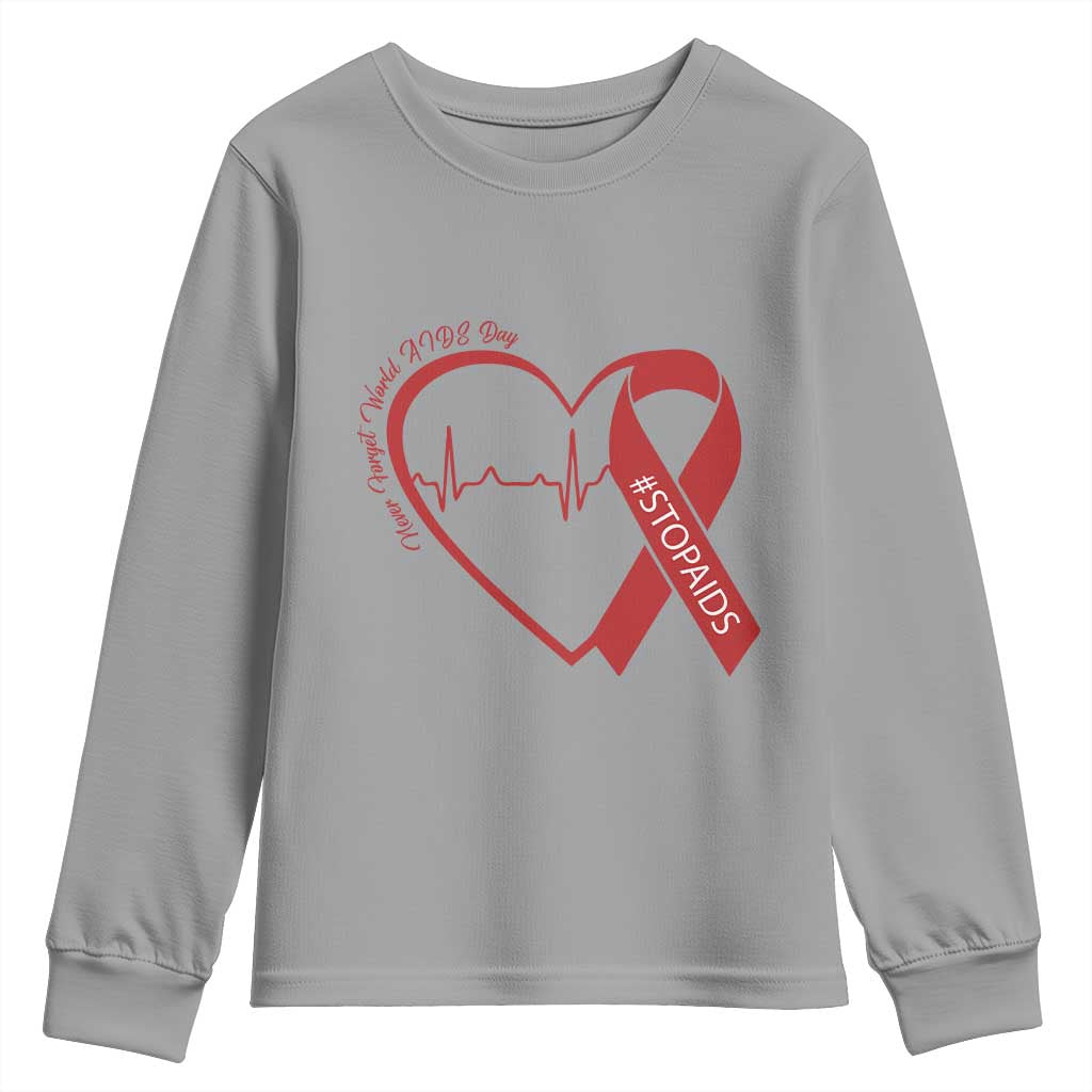 Never Forget World AIDS Day Youth Sweatshirt Red Ribbon HIV Support Gift
