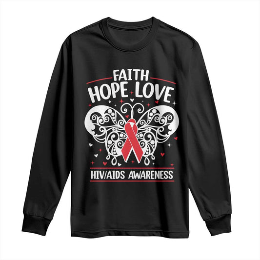 Red Ribbon Faith Hope Love Long Sleeve Shirt World AIDS Day Gift