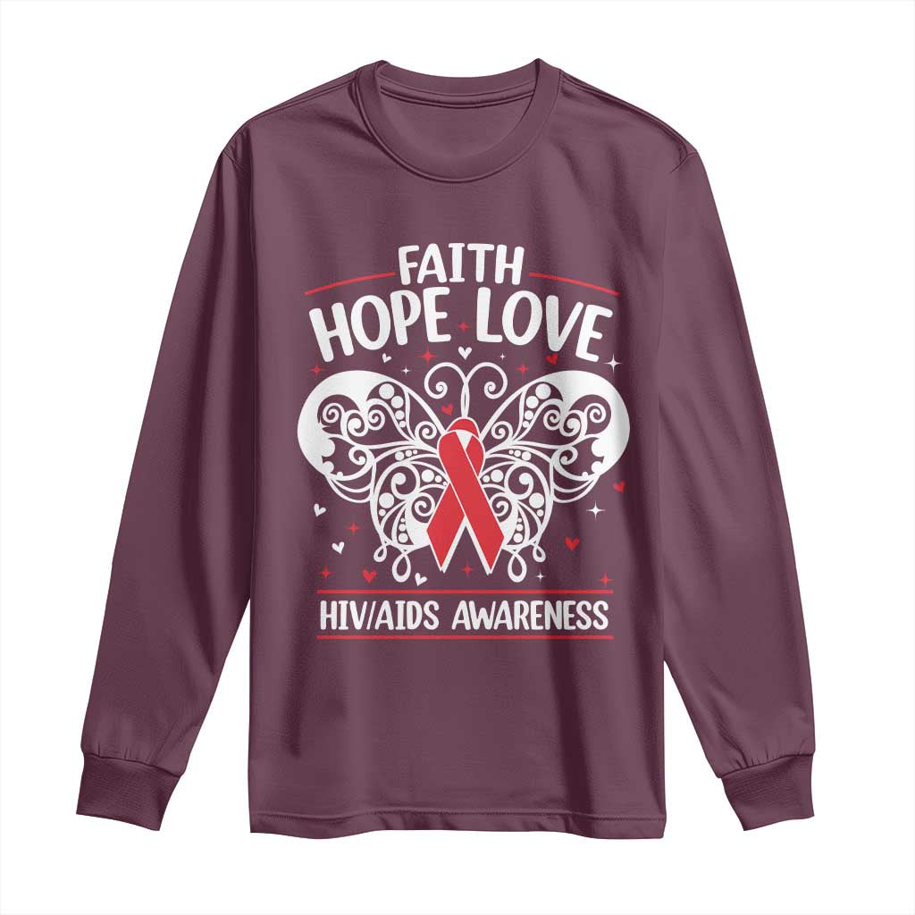 Red Ribbon Faith Hope Love Long Sleeve Shirt World AIDS Day Gift