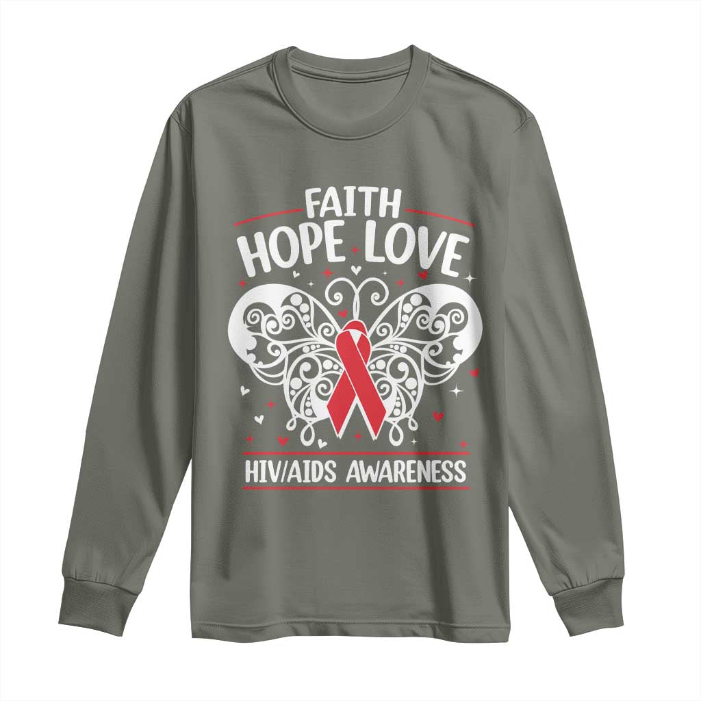 Red Ribbon Faith Hope Love Long Sleeve Shirt World AIDS Day Gift
