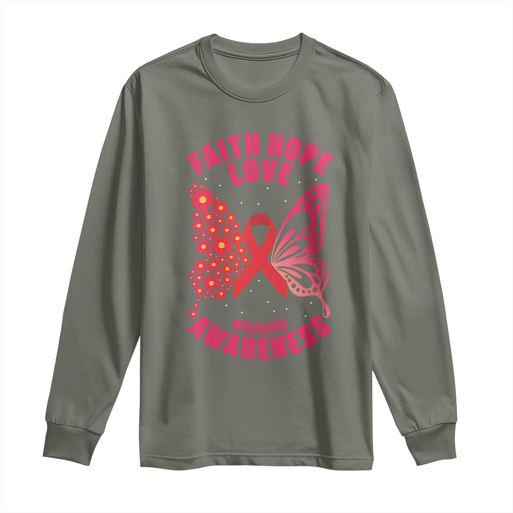 Faith Hope Love HIV Butterfly Long Sleeve Shirt Support Month Gift