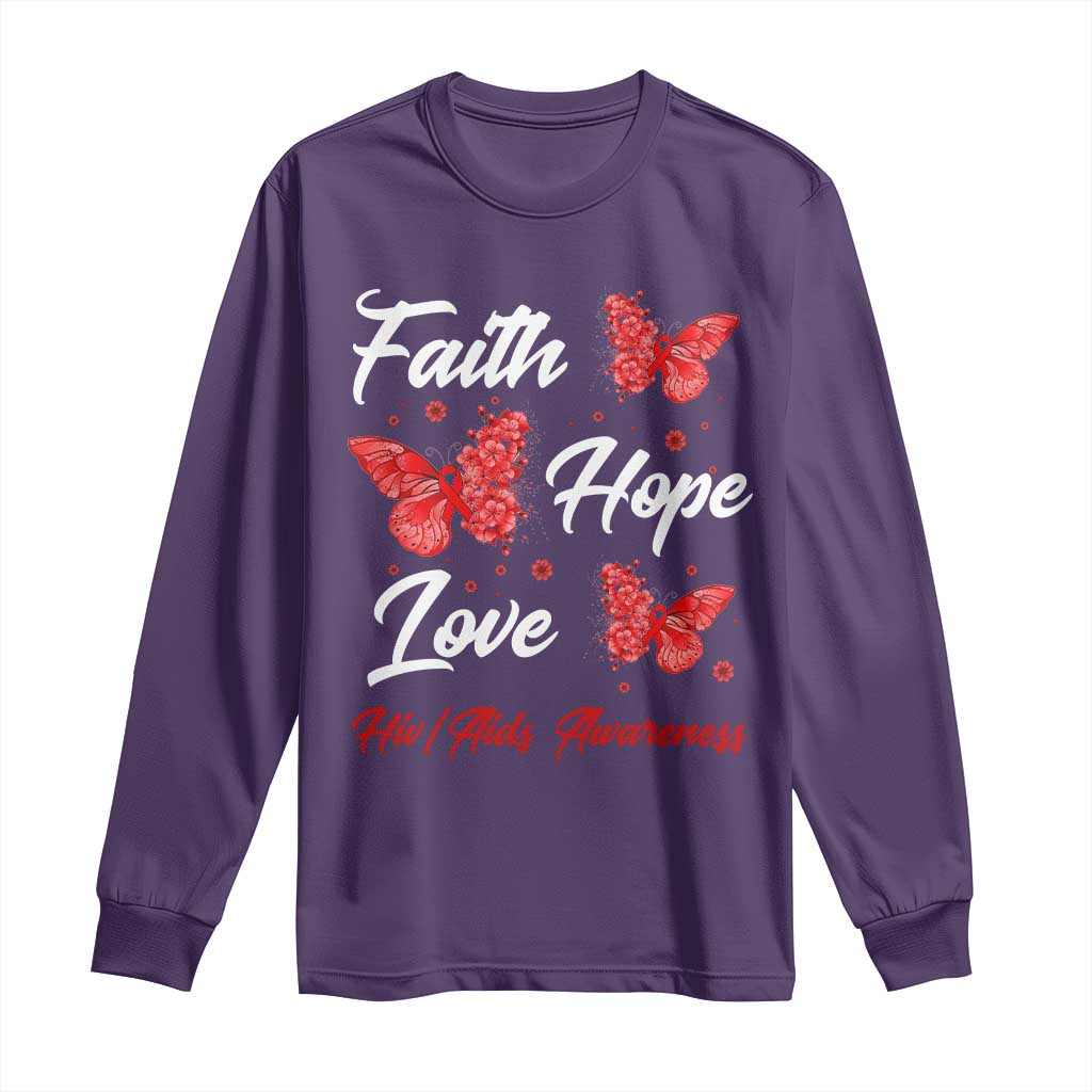 Faith Hope Love HIV AIDS Support Butterfly Gift Long Sleeve Shirt