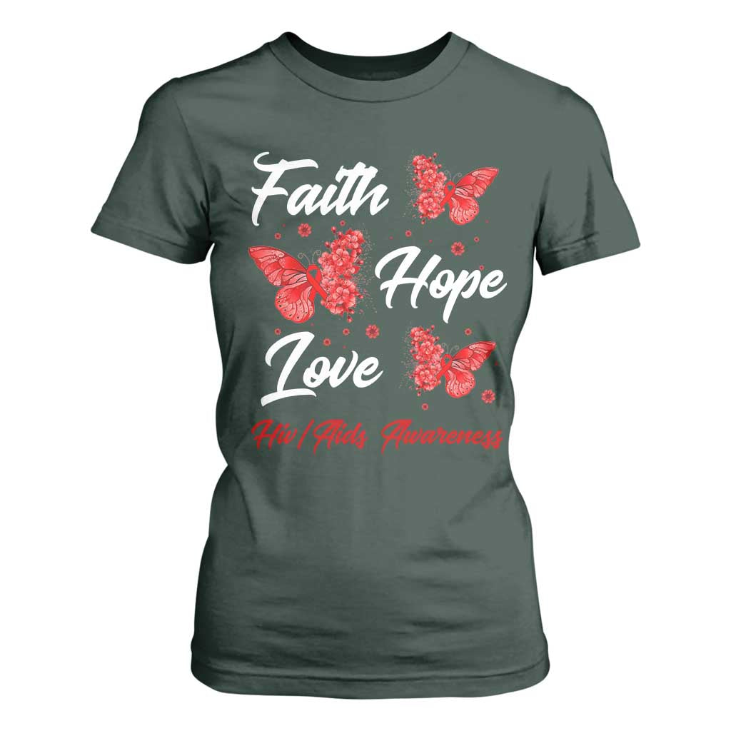Faith Hope Love HIV AIDS Support Butterfly Gift T Shirt For Women