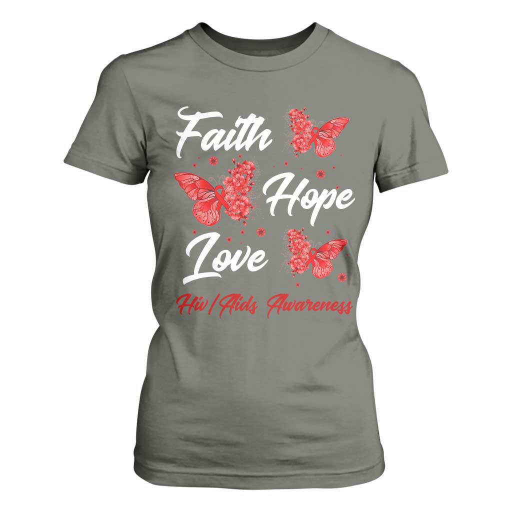Faith Hope Love HIV AIDS Support Butterfly Gift T Shirt For Women