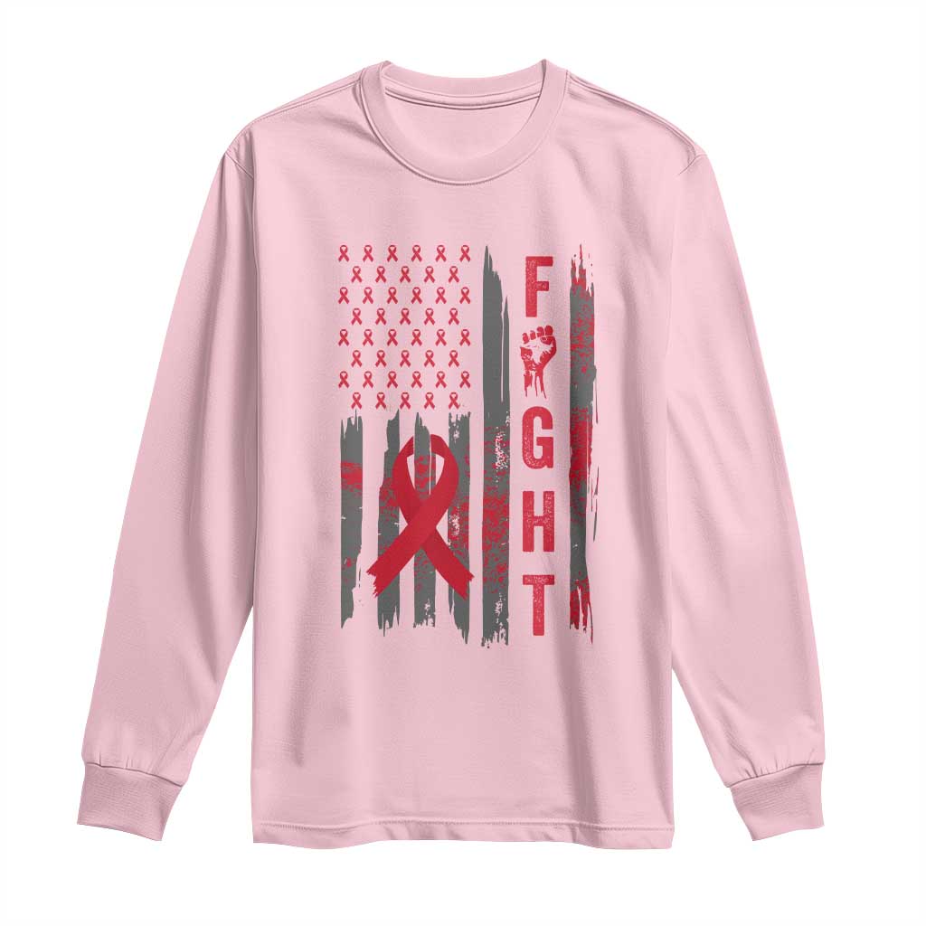 Fight For A Cure HIV AIDS Support Long Sleeve Shirt Patriotic Red Ribbon Gift