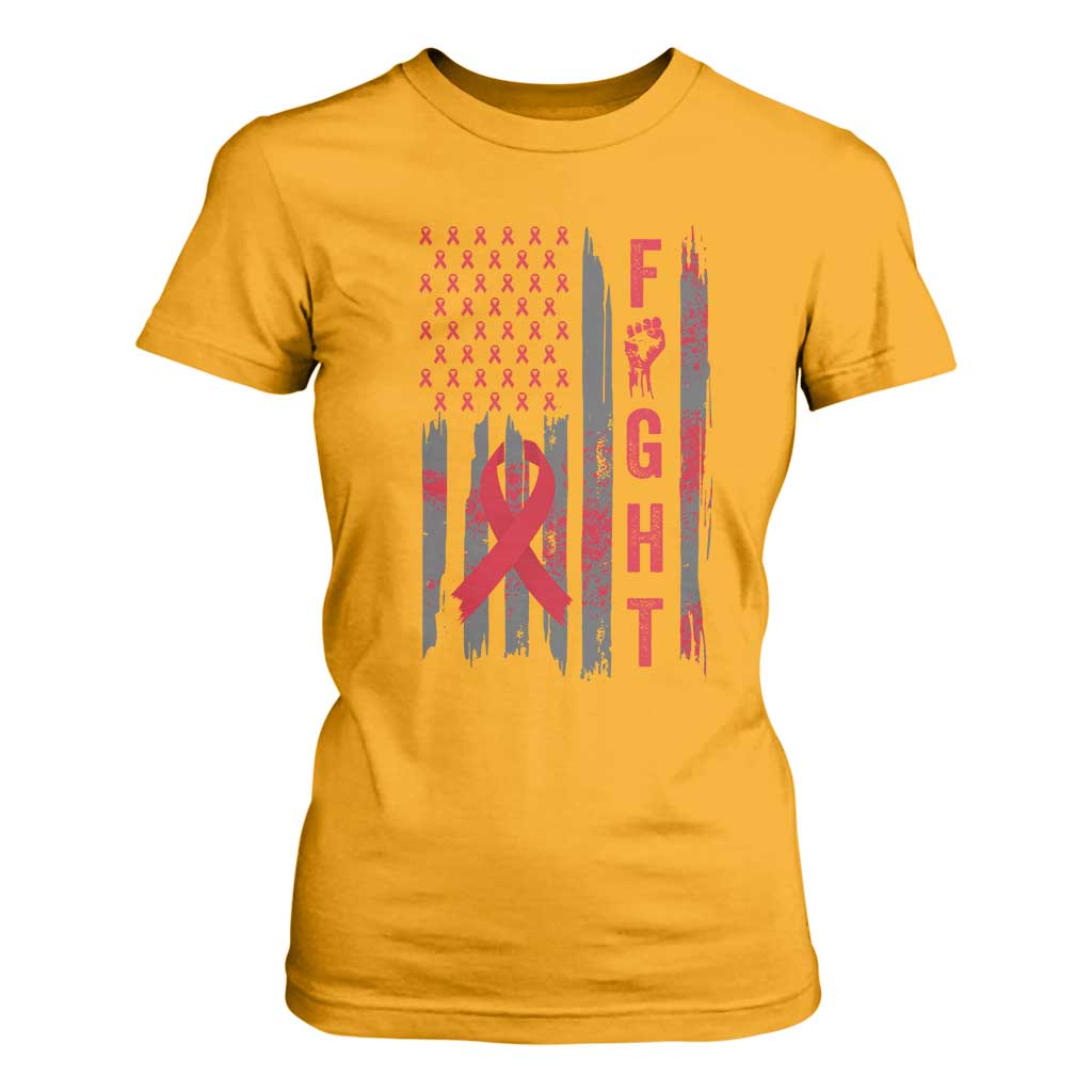 Fight For A Cure HIV AIDS Support T Shirt For Women Patriotic Red Ribbon Gift