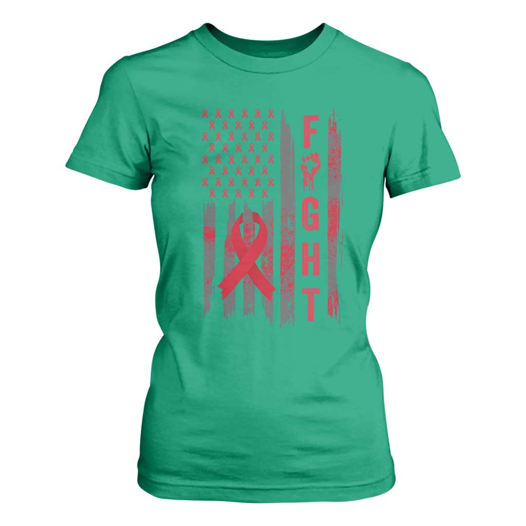 Fight For A Cure HIV AIDS Support T Shirt For Women Patriotic Red Ribbon Gift