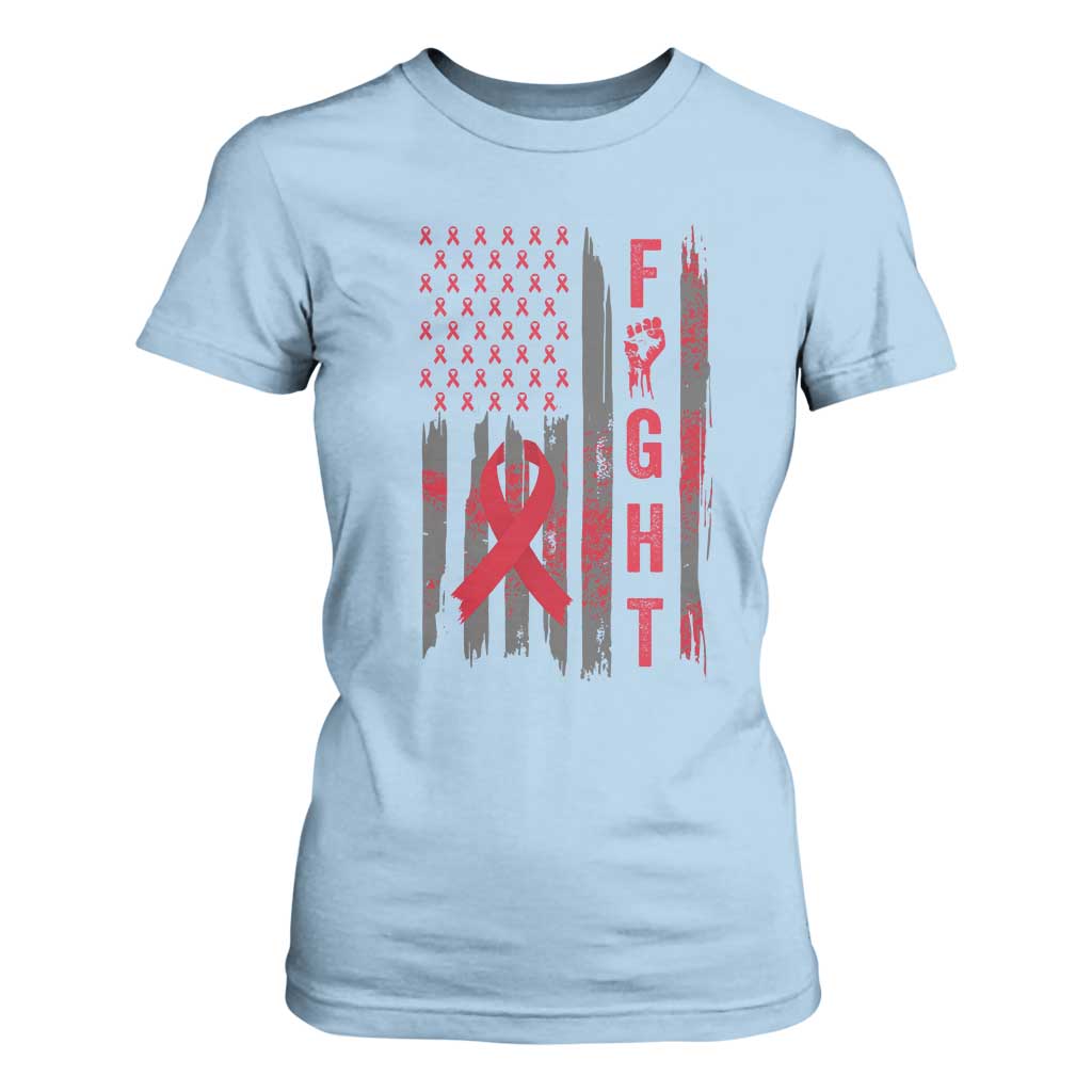 Fight For A Cure HIV AIDS Support T Shirt For Women Patriotic Red Ribbon Gift