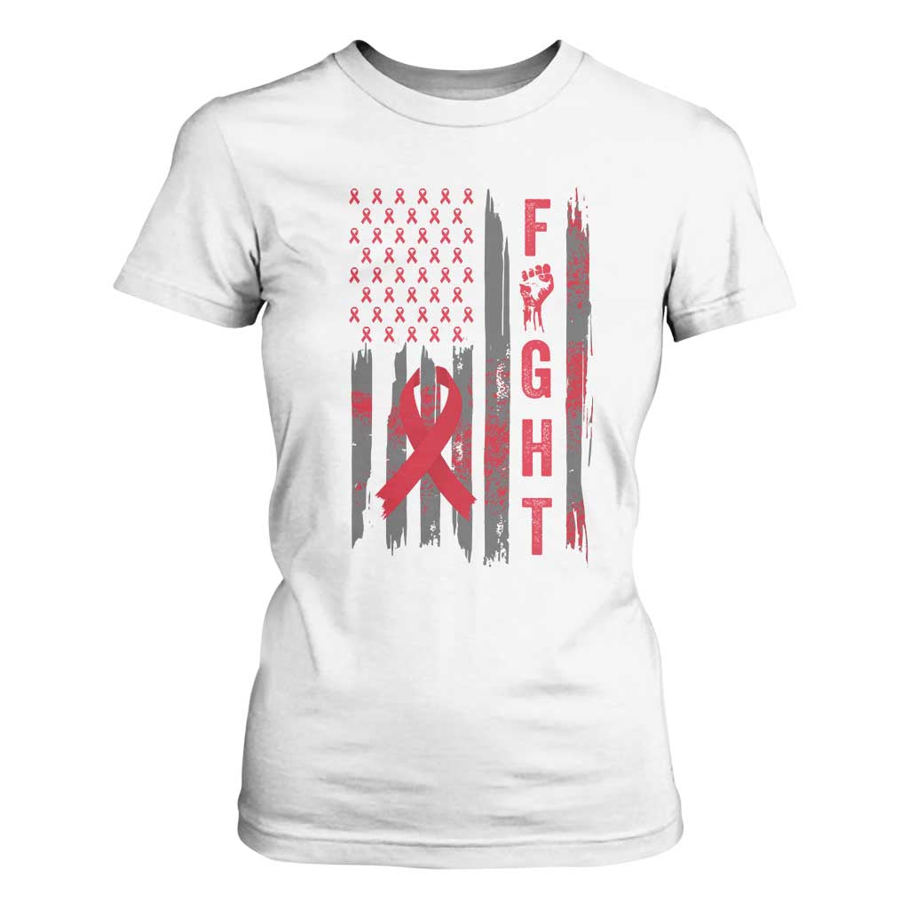 Fight For A Cure HIV AIDS Support T Shirt For Women Patriotic Red Ribbon Gift