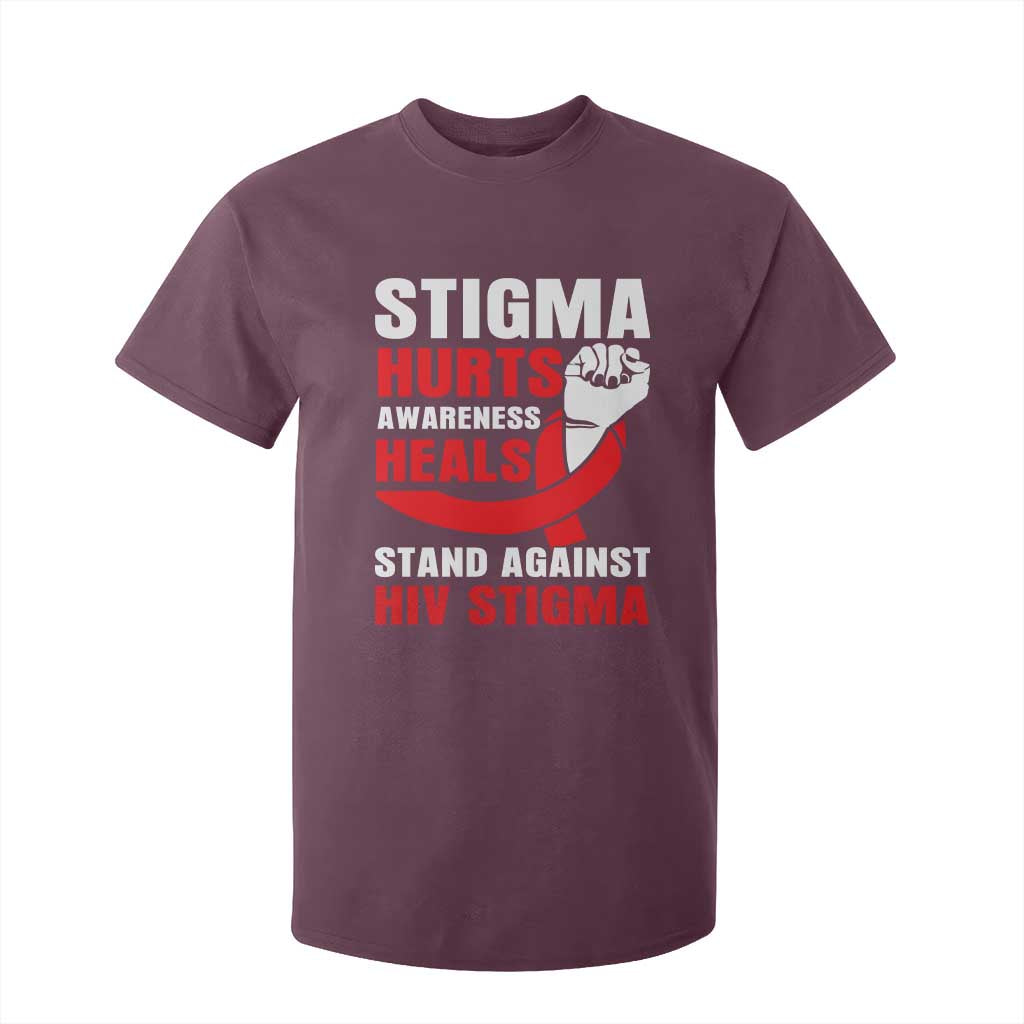 Stigma Hurts Support Heals T Shirt For Kid HIV Red Ribbon Empowerment Gift