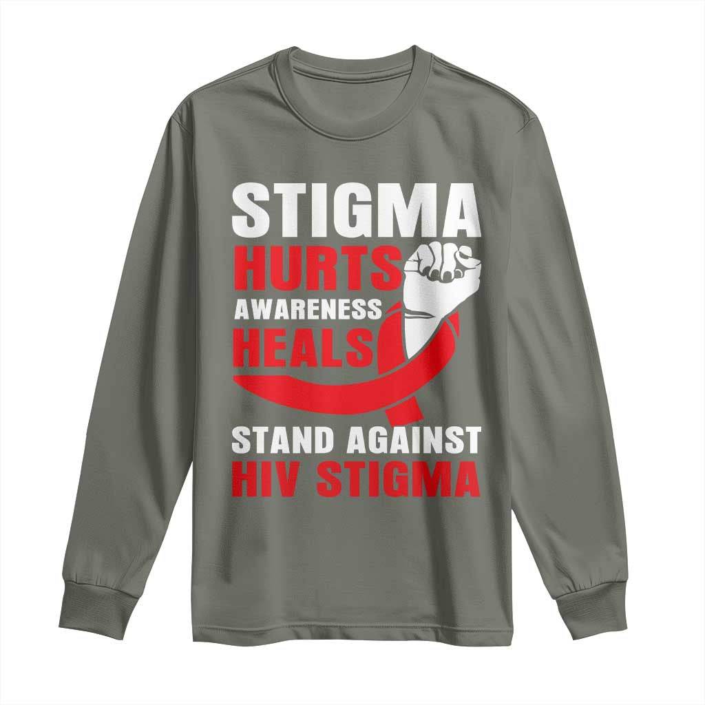 Stigma Hurts Support Heals Long Sleeve Shirt HIV Red Ribbon Empowerment Gift