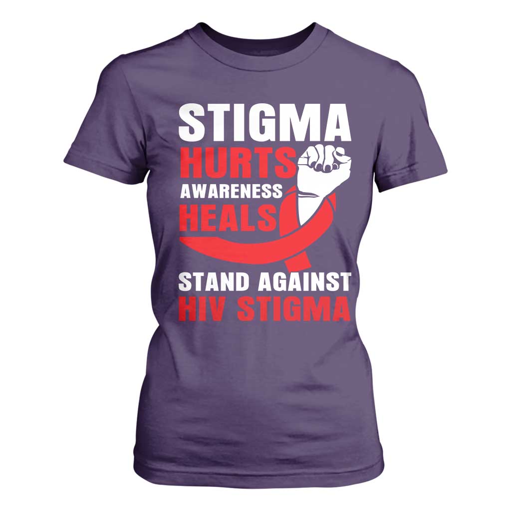 Stigma Hurts Support Heals T Shirt For Women HIV Red Ribbon Empowerment Gift