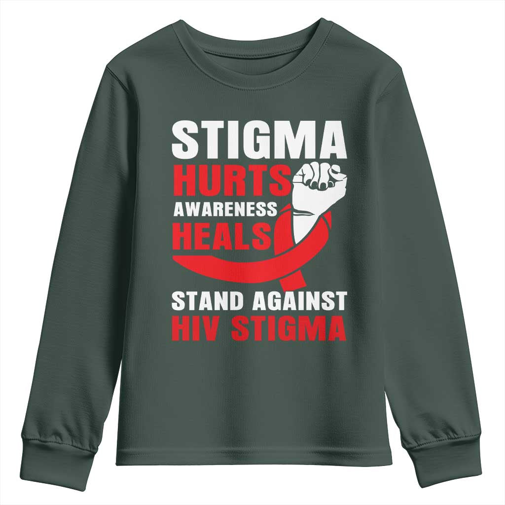 Stigma Hurts Support Heals Youth Sweatshirt HIV Red Ribbon Empowerment Gift