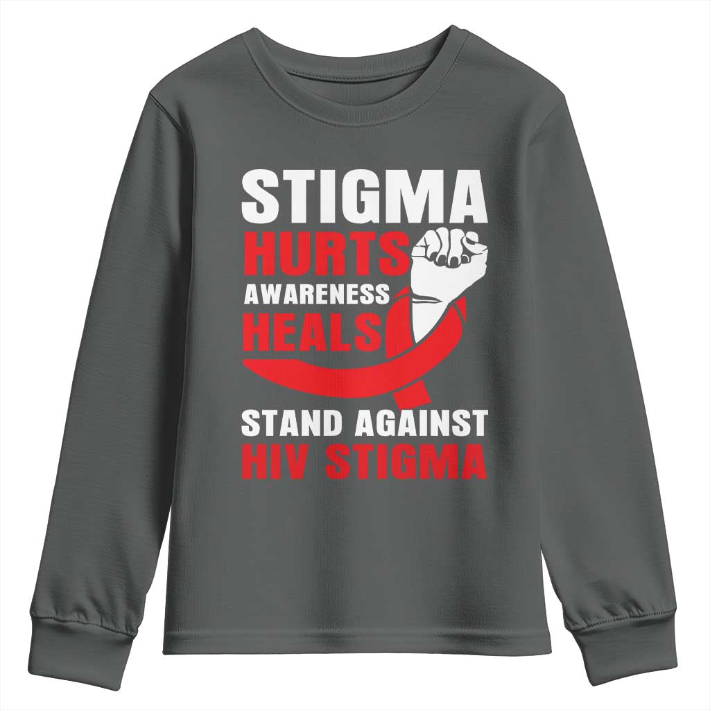 Stigma Hurts Support Heals Youth Sweatshirt HIV Red Ribbon Empowerment Gift