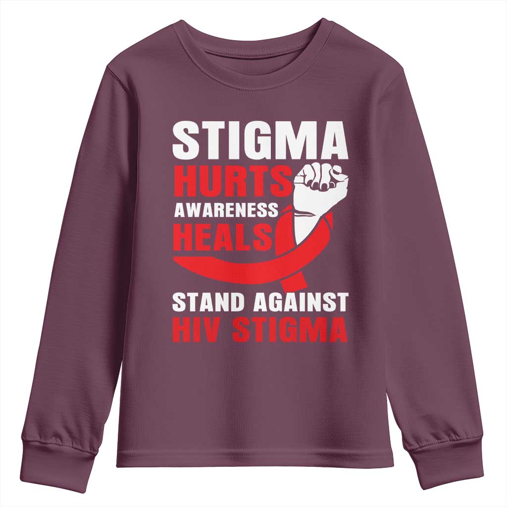Stigma Hurts Support Heals Youth Sweatshirt HIV Red Ribbon Empowerment Gift