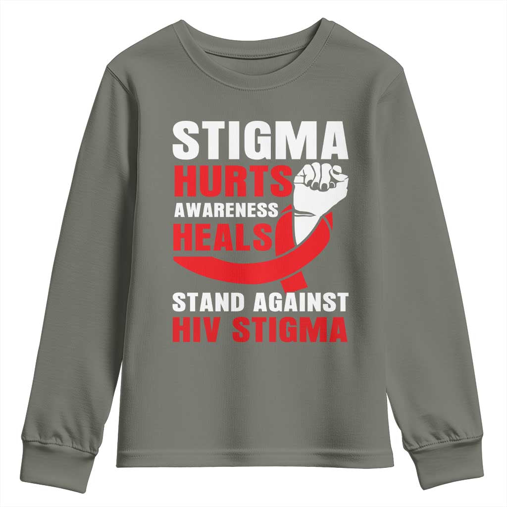 Stigma Hurts Support Heals Youth Sweatshirt HIV Red Ribbon Empowerment Gift