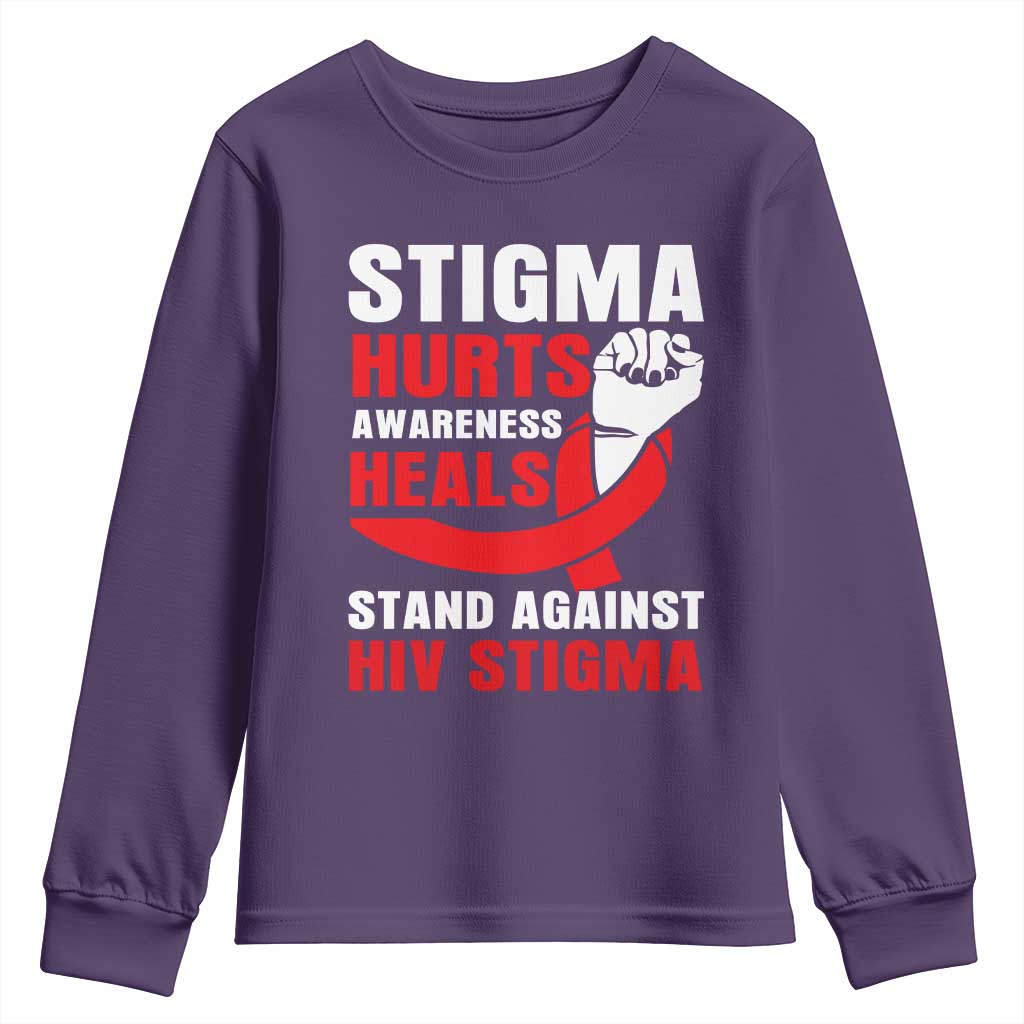 Stigma Hurts Support Heals Youth Sweatshirt HIV Red Ribbon Empowerment Gift