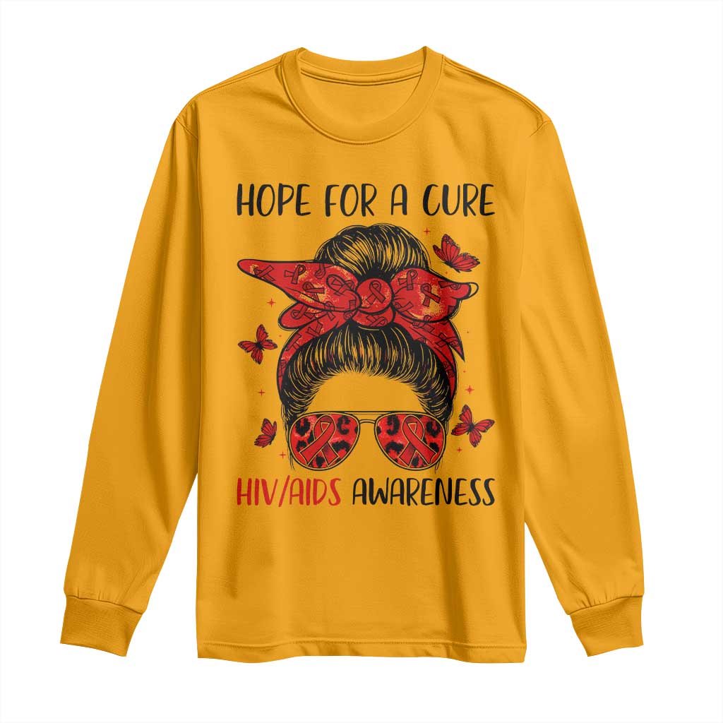 Hope For A Cure HIV Support Long Sleeve Shirt Strong Woman Red Ribbon Gift
