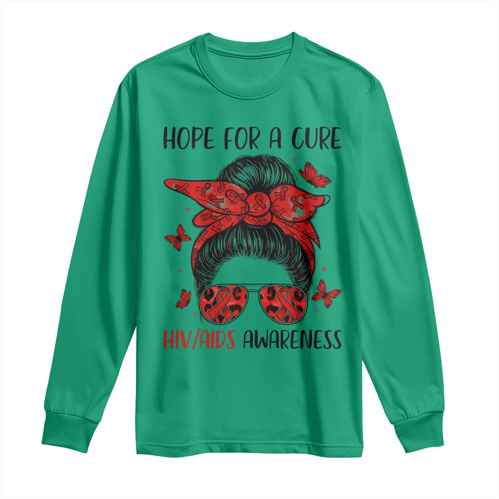 Hope For A Cure HIV Support Long Sleeve Shirt Strong Woman Red Ribbon Gift