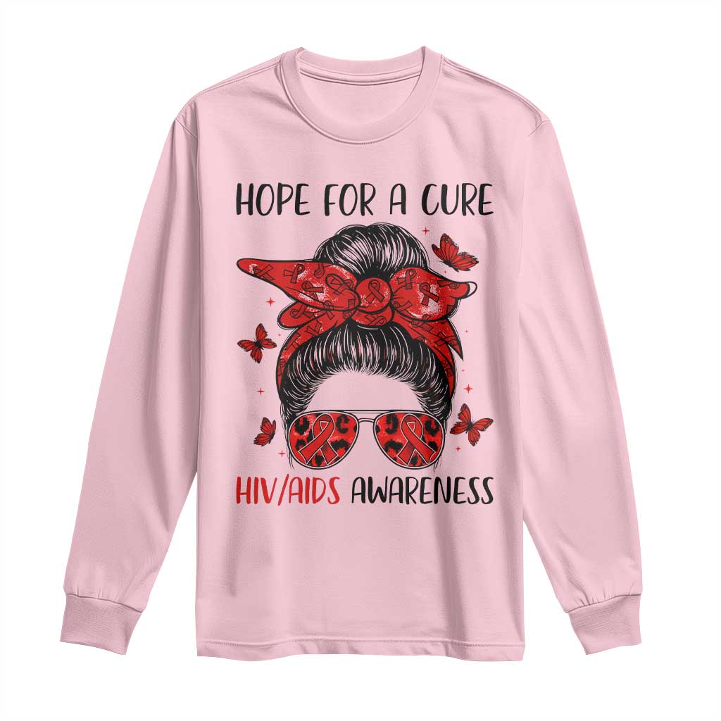 Hope For A Cure HIV Support Long Sleeve Shirt Strong Woman Red Ribbon Gift