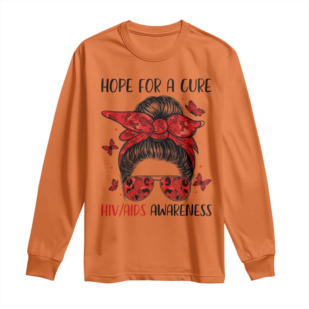 Hope For A Cure HIV Support Long Sleeve Shirt Strong Woman Red Ribbon Gift