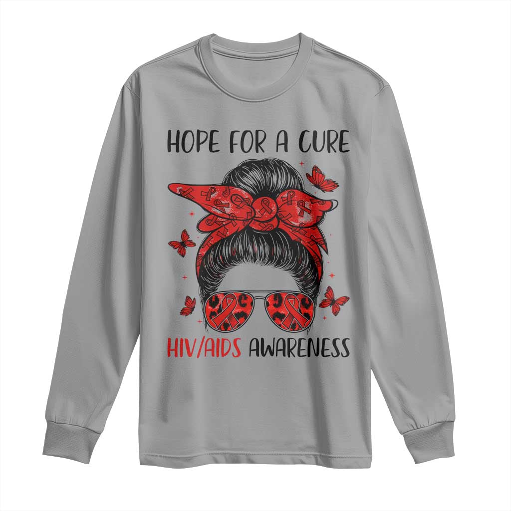 Hope For A Cure HIV Support Long Sleeve Shirt Strong Woman Red Ribbon Gift