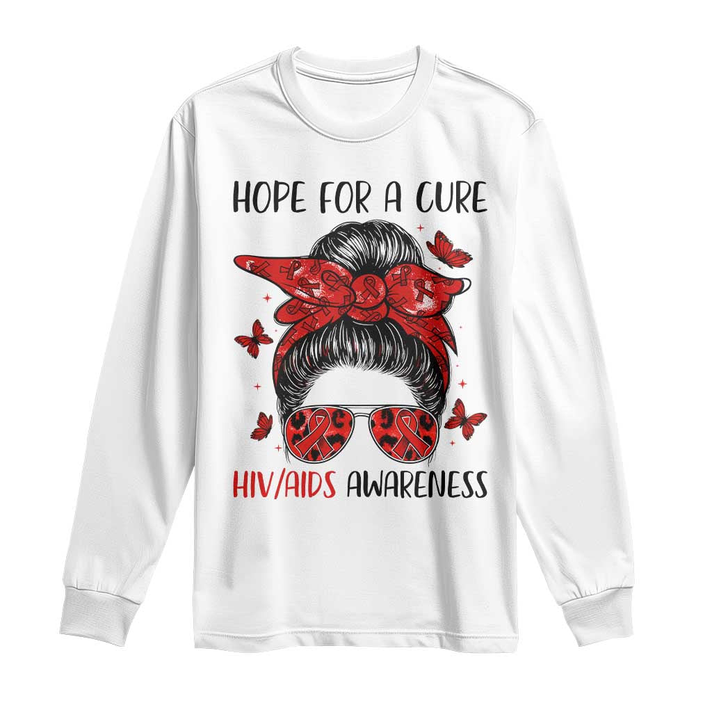 Hope For A Cure HIV Support Long Sleeve Shirt Strong Woman Red Ribbon Gift