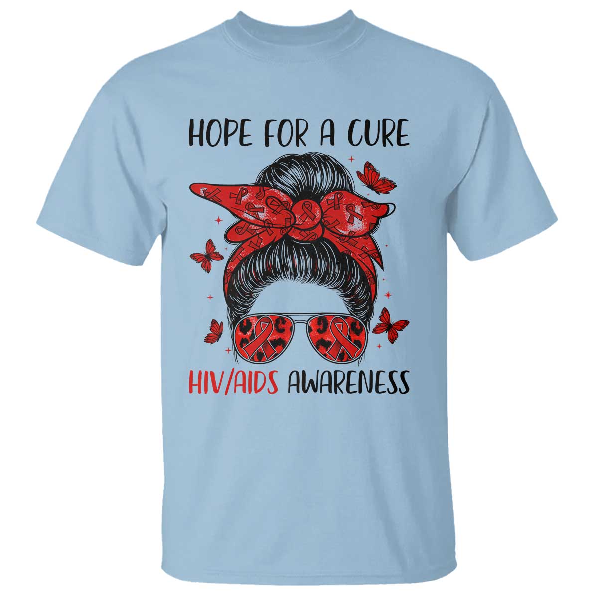 Hope For A Cure HIV Support T Shirt Strong Woman Red Ribbon Gift