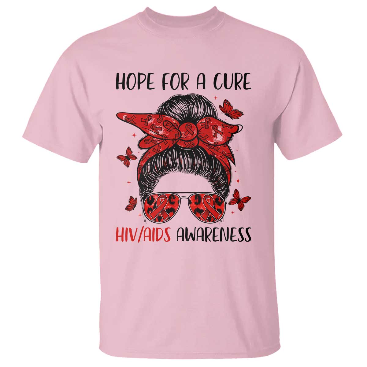 Hope For A Cure HIV Support T Shirt Strong Woman Red Ribbon Gift