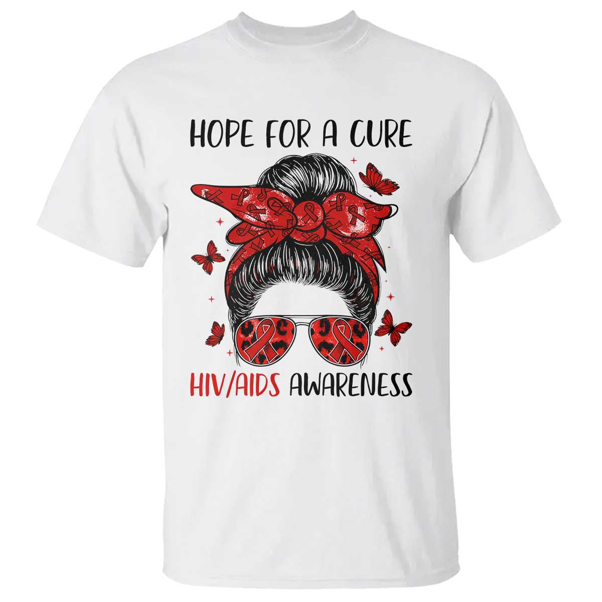 Hope For A Cure HIV Support T Shirt Strong Woman Red Ribbon Gift