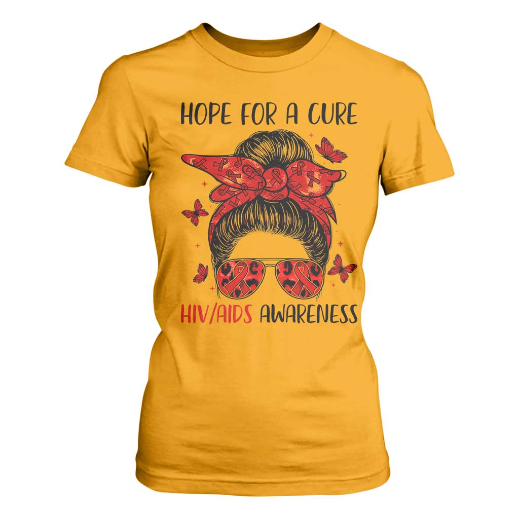 Hope For A Cure HIV Support T Shirt For Women Strong Woman Red Ribbon Gift