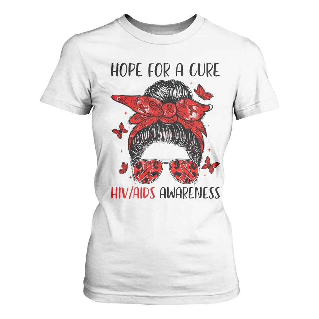 Hope For A Cure HIV Support T Shirt For Women Strong Woman Red Ribbon Gift